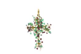 Kreuz mit Perlen Rubinen & Smaragden 18K Gelbgold *S3497