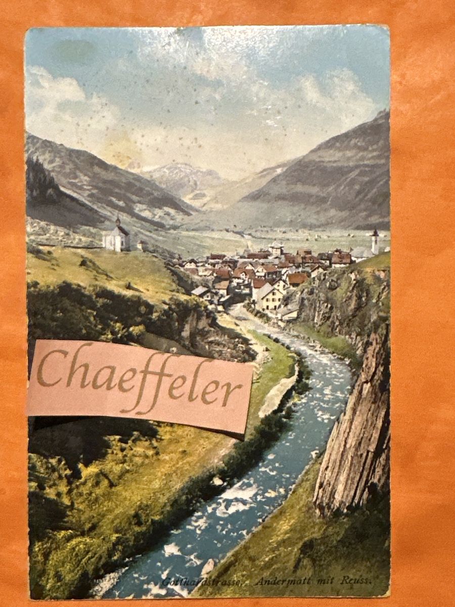 Cartoline postali: 1922 Gotthardstrasse.  Andermatt mit Reuss  – Usato da Zürich venduto da Chaeffeler