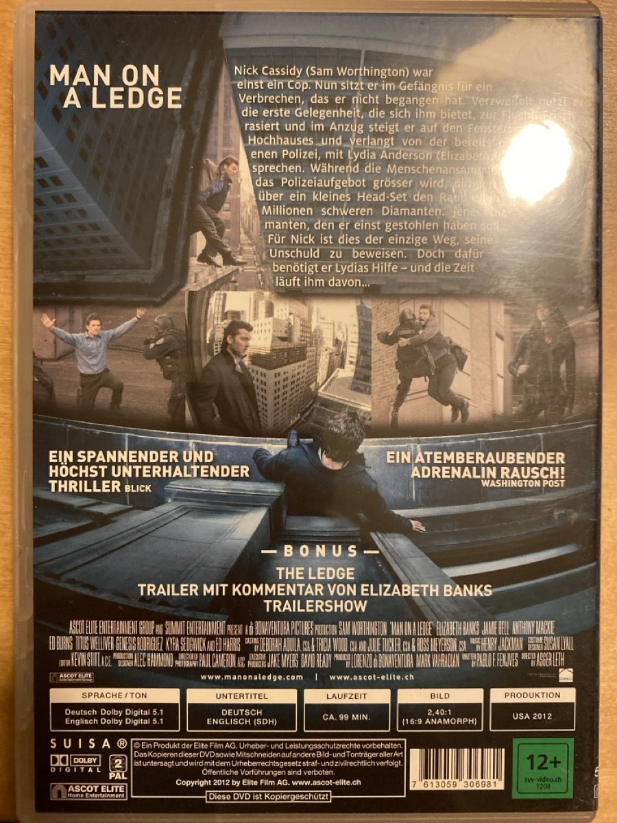 Tutti i DVDs: DVD Man on a Ledge - Ein riskanter Plan mit Sam Worthingto – Usato da Zürich venduto da snaut 1