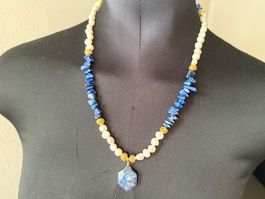Neue Unikat 💎 Halskette mit Lapislazuli und Süßwasserperlen