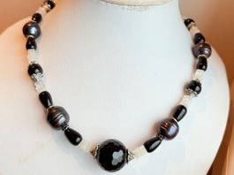 Unikat - grosse Süsswasserperlen, Onyx & Mondstein Kette NEU