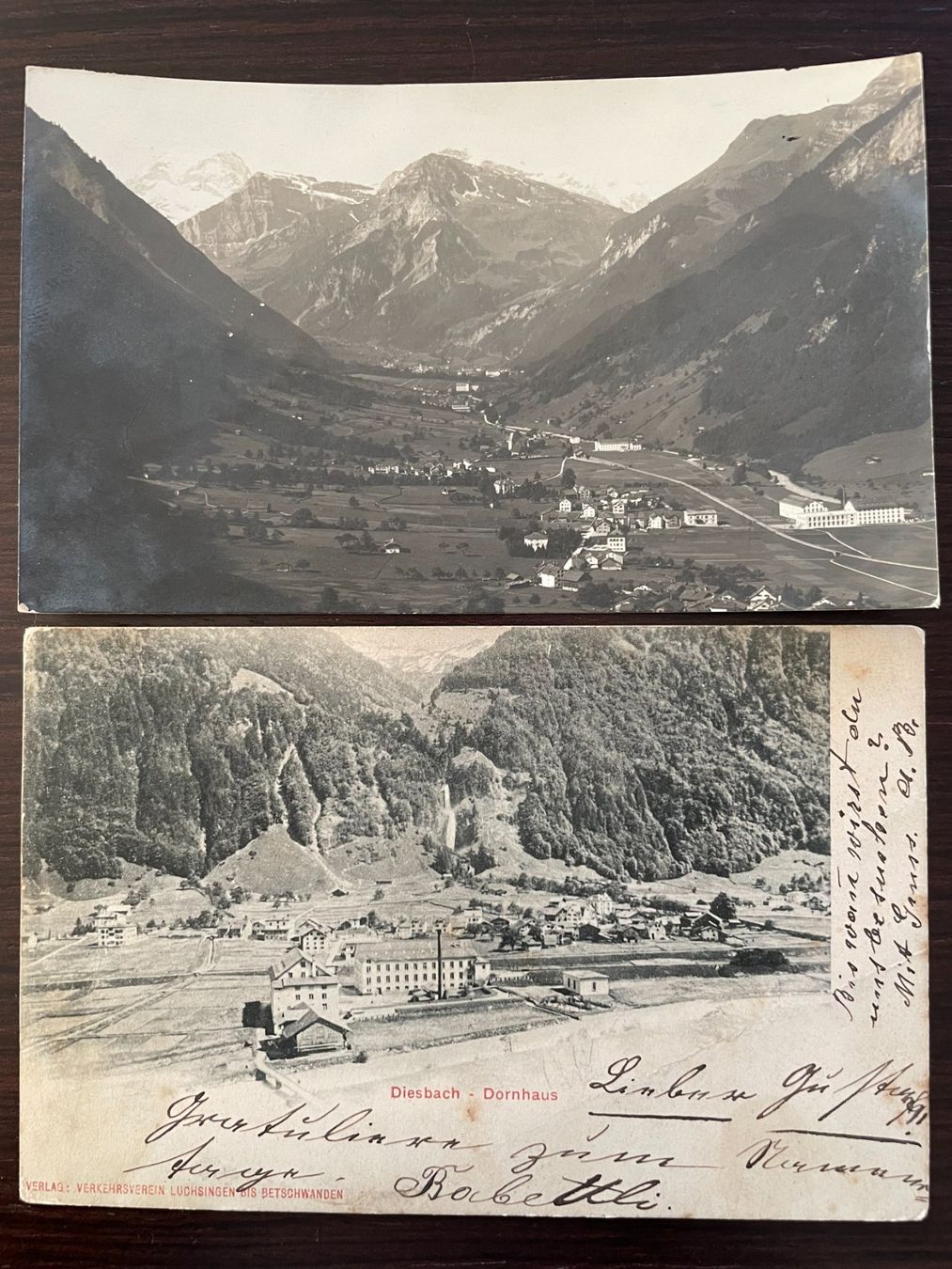 Cartoline postali: DIESBACH (GLARUS SÜD) Dornhaus, Fabrik, 2 Ansichtskarten – Usato da Wald ZH venduto da TLILEF