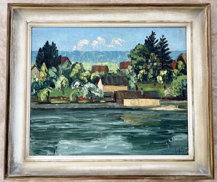 Rolf Vollé, Ölgemälde, Rhein mit Häusern 1