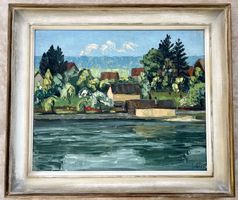 Rolf Vollé, Ölgemälde, Rhein mit Häusern
