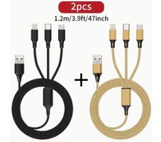 Câbles de chargement USB, 3-en-1, 1.2m, noir et or, 2 pcs,