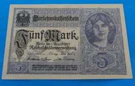 Deutschland: Darlehenskassenschein 5 Mark 1917, VZ.