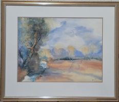 "Orange Stimmung" - Aquarell-Bild mit Rahmen, 72x61 cm
