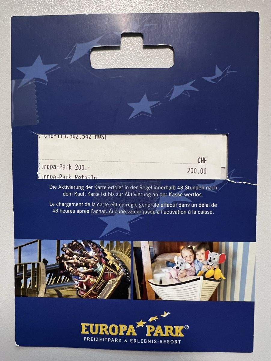 Europa Park Gutscheine: Gutschein Europapark, Wert 200.- – Neu und originalverpackt aus Zürich von  1