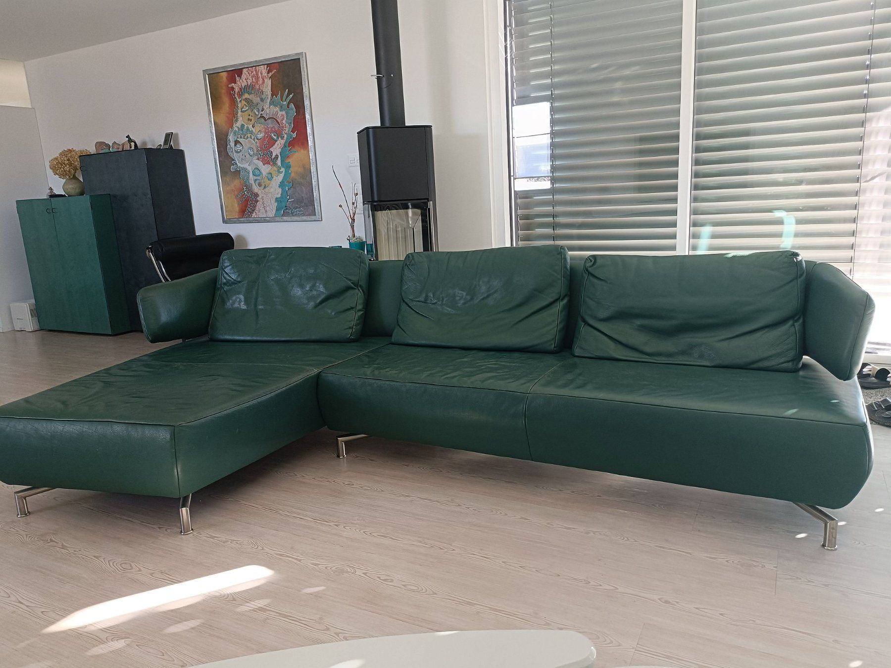 Koinor Divani: Grüne Leder Eckcouch Sofa Chromfüsse stylisch modern – Usato da Schaffhausen venduto da RomaSpider