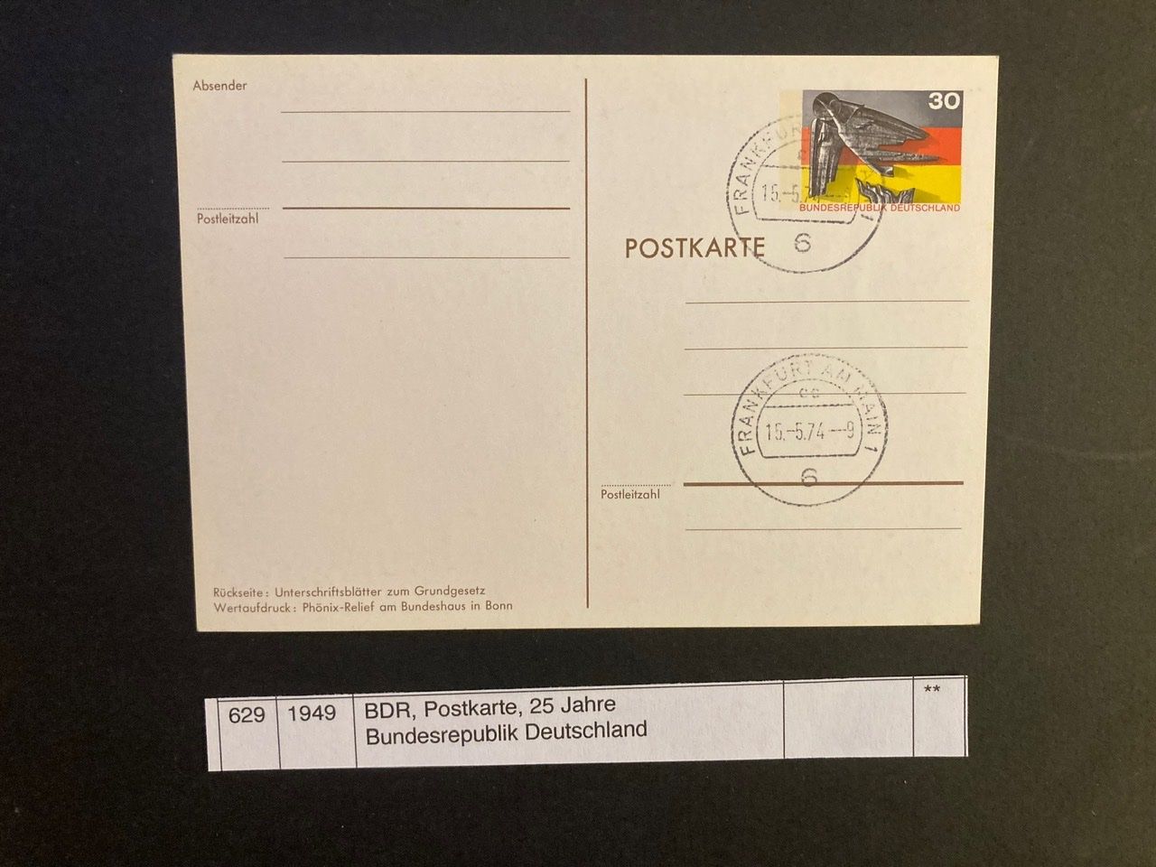 Tutti i francobolli: BRD, Postkarte, 25 Jahre BRD – Usato da Domat/Ems venduto da Lareina2015 1