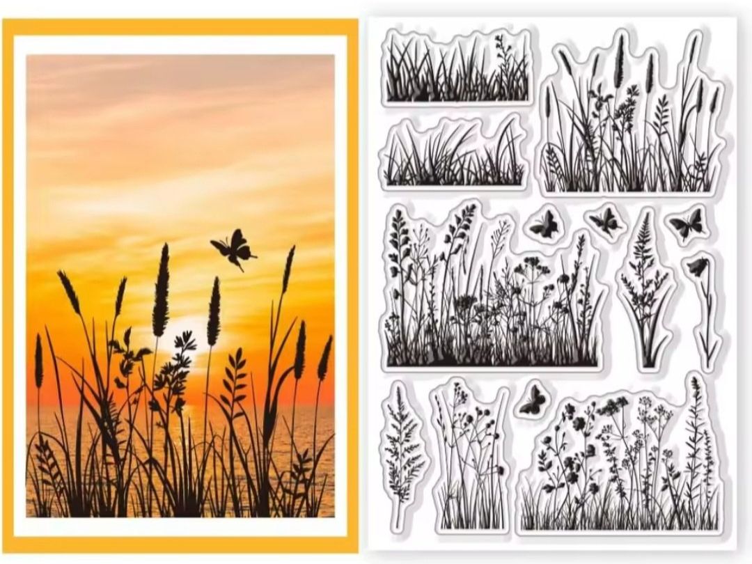Timbri: Silikonstempel Nr.533, Gräser, Blumen, Schmetterlinge – Nuovo e nell'imballaggio originale da Gretzenbach venduto da Fliegepilz56