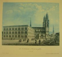 ZÜRICH, GROSSMÜNSTER, AQUATINTA UM 1850