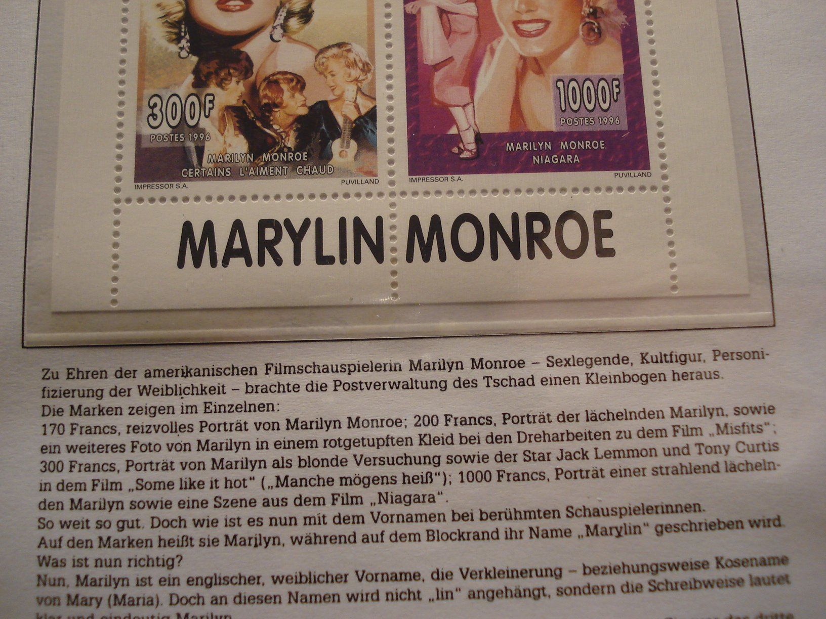 Tutti i francobolli: Tchad, Block Marilyn Monroe, 1996, ** falsch geschrieben – Usato da Niederwil AG venduto da morostahu 1