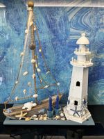 Stranddeko Maritim Deko Schiff Kerzen Muscheln Leuchtturm