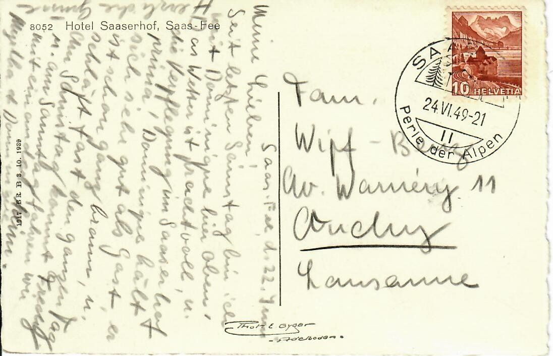 Cartoline postali: Hotel Saaserhof, Saas Fee 1949 – Usato da Hochdorf venduto da Ziegel-16 1