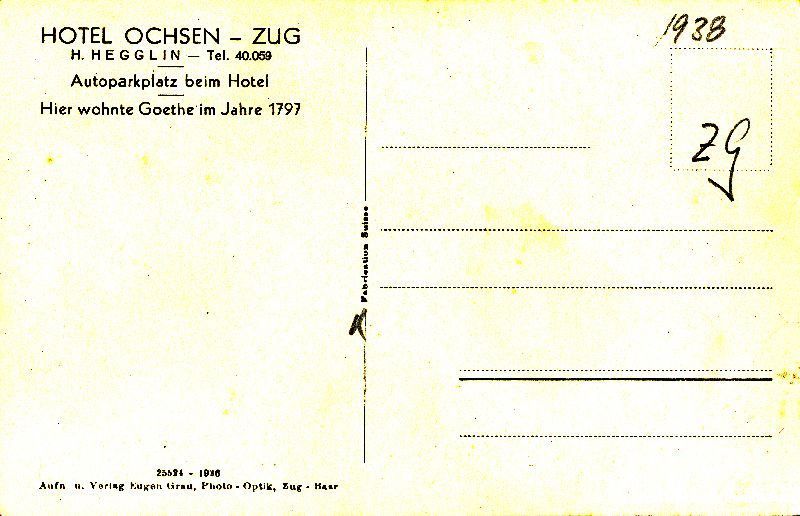 Ansichtskarten: Zug - Hotel Ochsen Kolinplatz + c1936 – Gebraucht aus Emmenbrücke von teestube 1