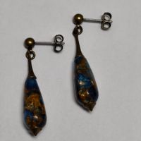 Vintage Ohrhänger Blau Gold Marmoriert Tropfen #Z1