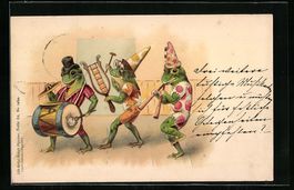 Litho Frösche spielen Musik mit Trommel