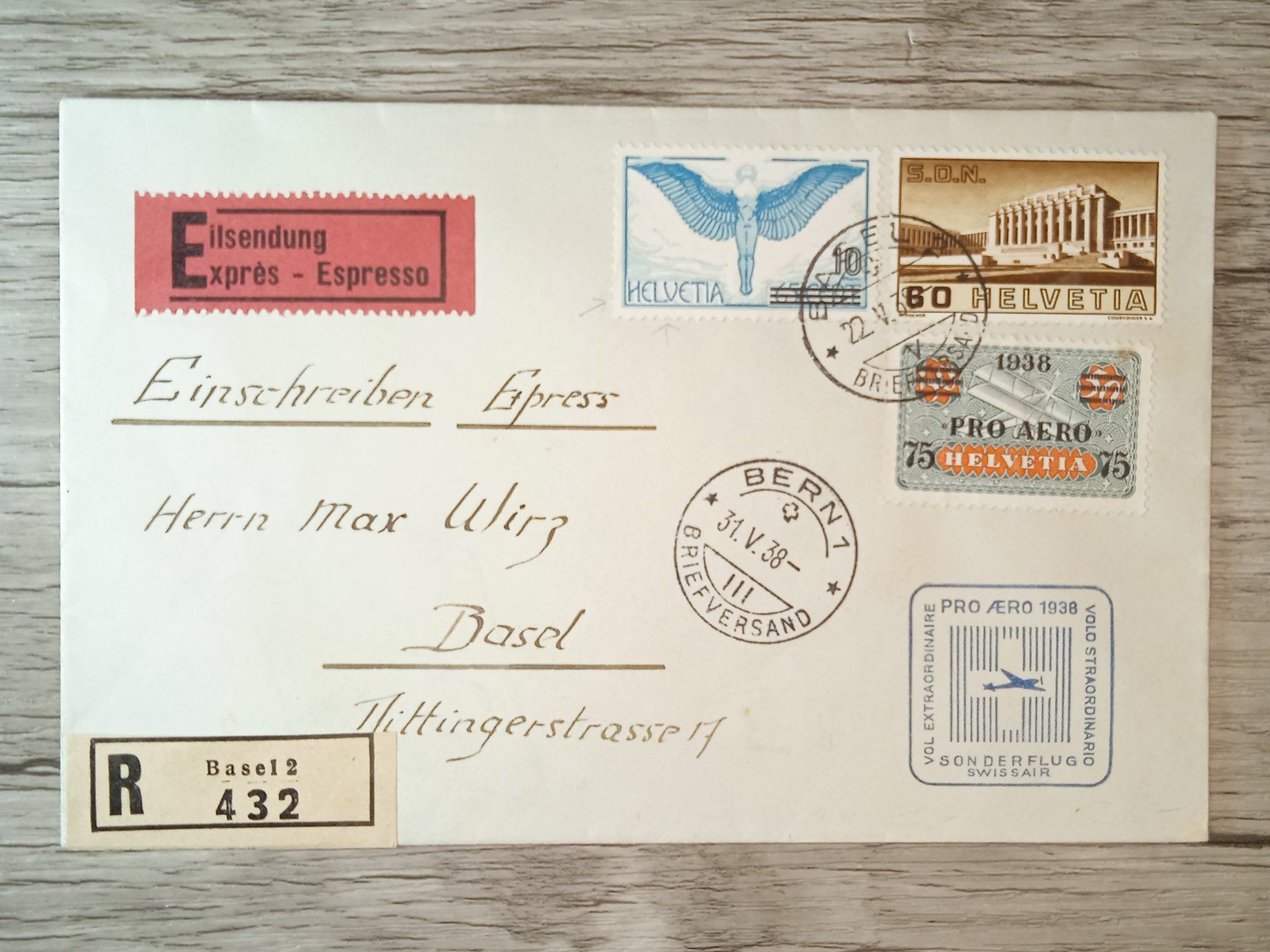 Tutti i francobolli: TR54 Enveloppe + Timbre Suisse  1938 – Usato da Cousset venduto da Patrick_Collections