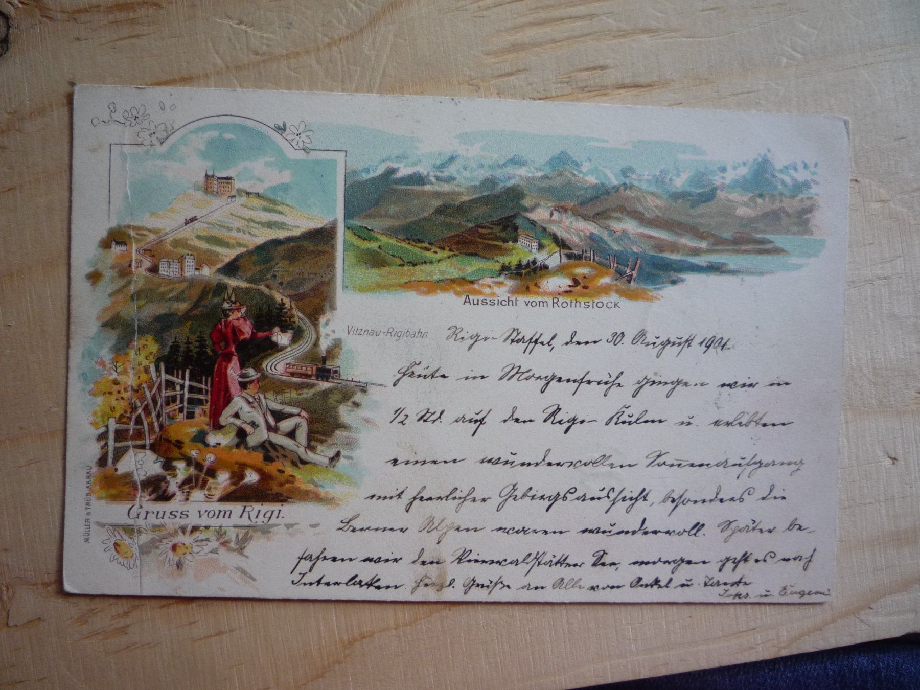 Cartoline postali: Gruss vom Rigi, Litho, 30.VIII.01 – Usato da Rieden SG venduto da Brockehuesli