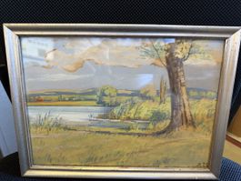 Gemälde Landschaft, handsigniert A.M., gerahmt, Vintage.