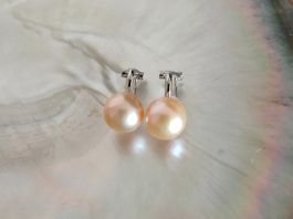 Ohrclips, Süsswasserperle, apricot, ca. 11mm