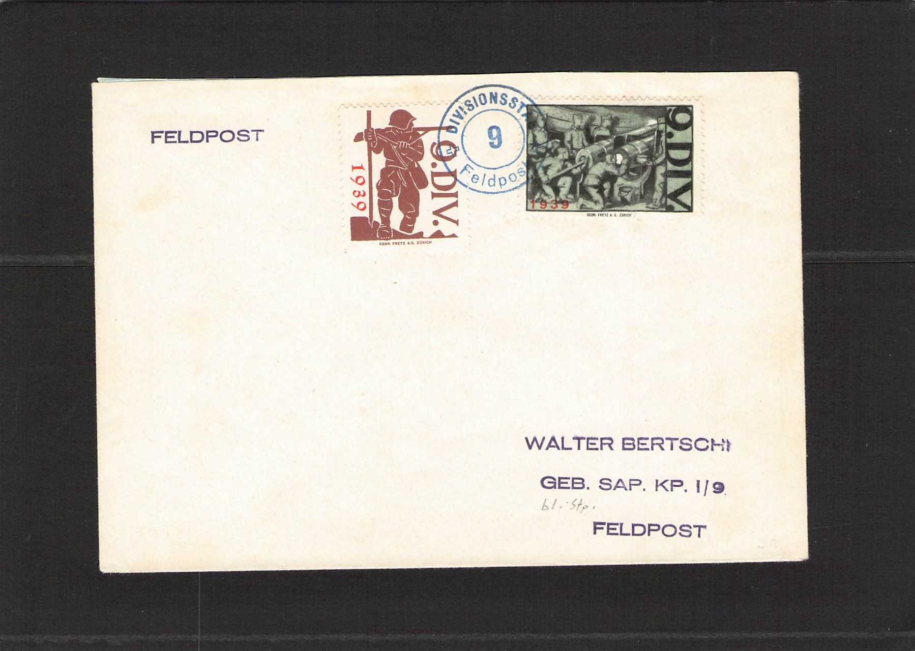 Tutti i francobolli: Beleg Divisionsstab 9 , blauer Stempel – Usato da Reichenburg venduto da Pipo-67