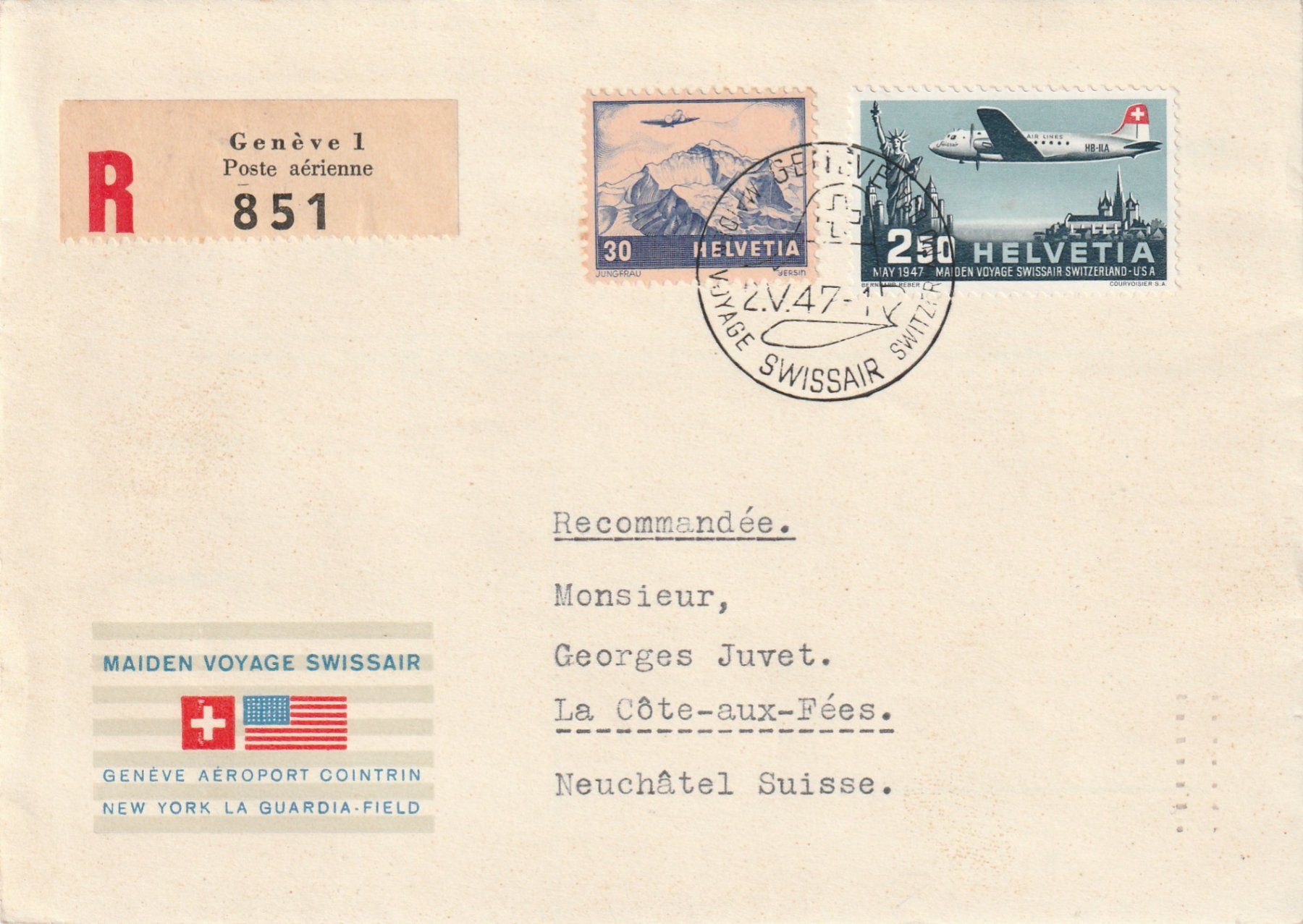 Tutti i francobolli: Flugpost Genf - New York 1947 – Usato da Rorschacherberg venduto da fratovi2