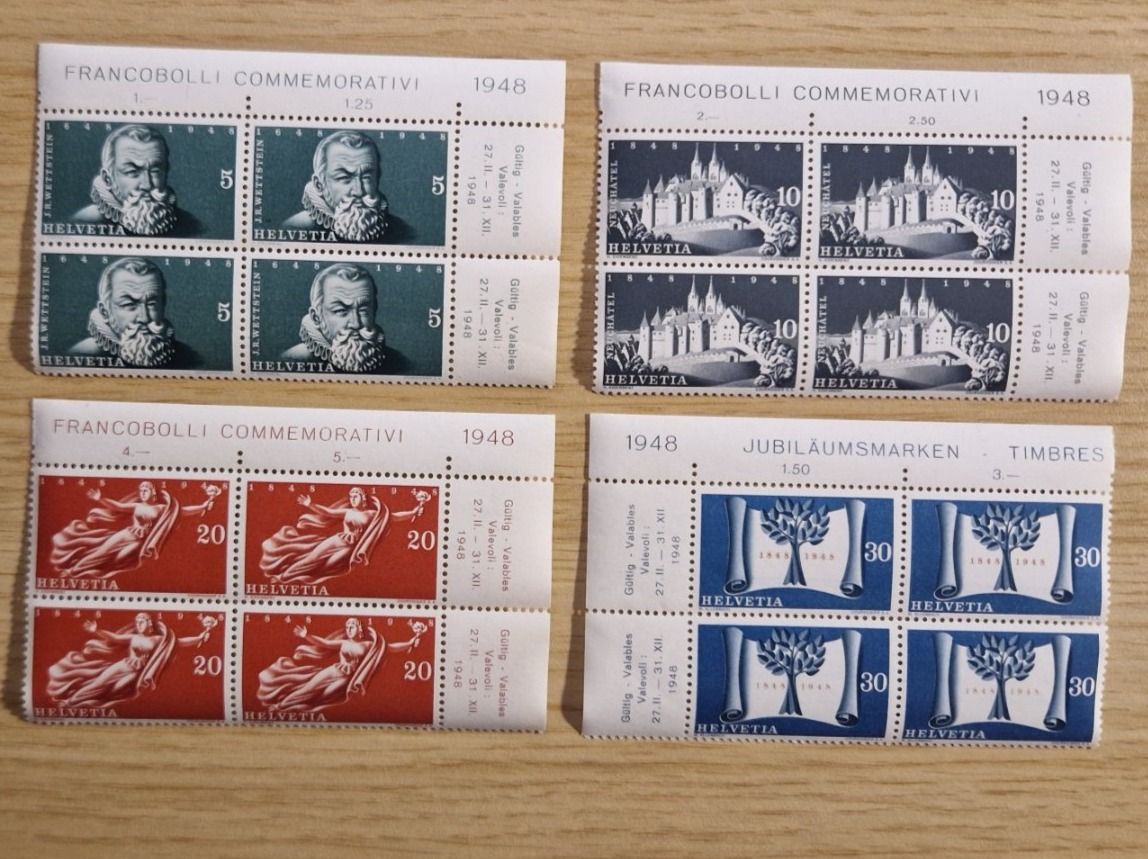 Tutti i francobolli: Jubiläumsmarken Bundesstaat 1948, Viererblöcke postfrisch – Usato da Ortschwaben venduto da Ruebezahl