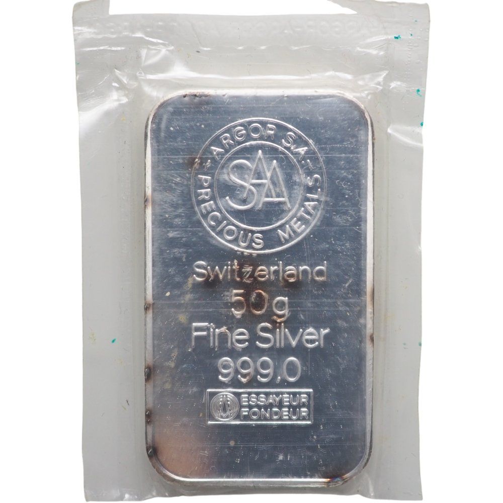 Edelmetalle: Schweiz Silber Barren 50 Gramm "ARGOR" – Neu und originalverpackt aus Liestal von fibonaccis