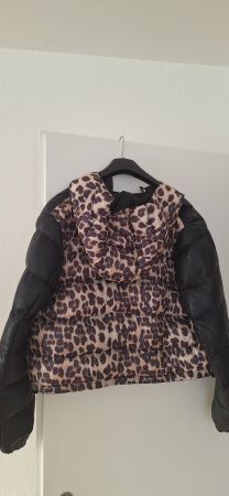 Coole Winterjacke mit Leo-Muster und Lederärmeln, L