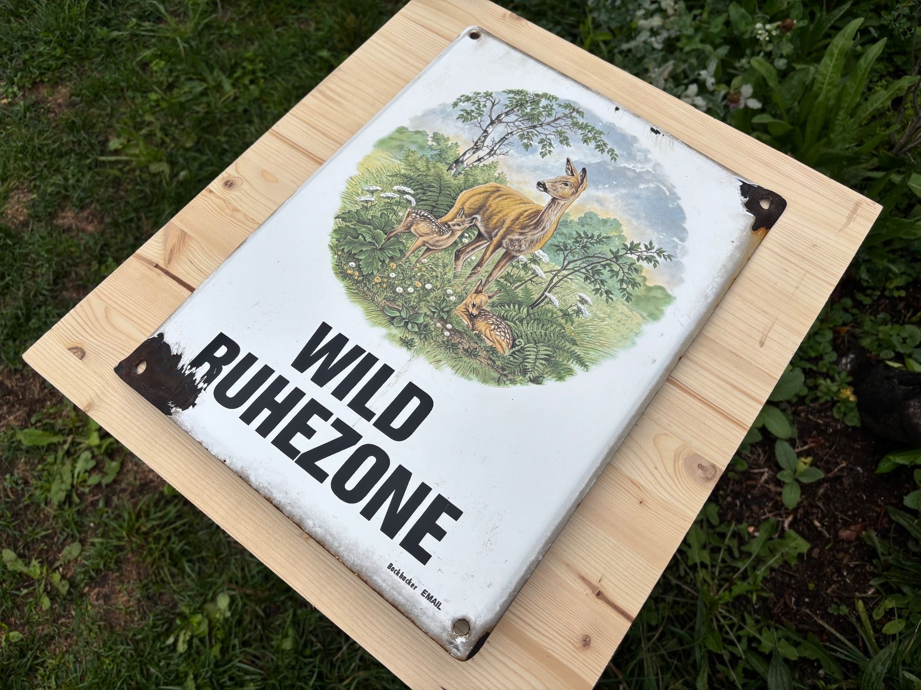 Insegne: seltenes altes Bockhacker Emailschild Wild Ruhezone – Usato da Feldbach venduto da Olive1 2