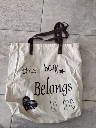 Stofftasche beige mit Print, Lederhenkel