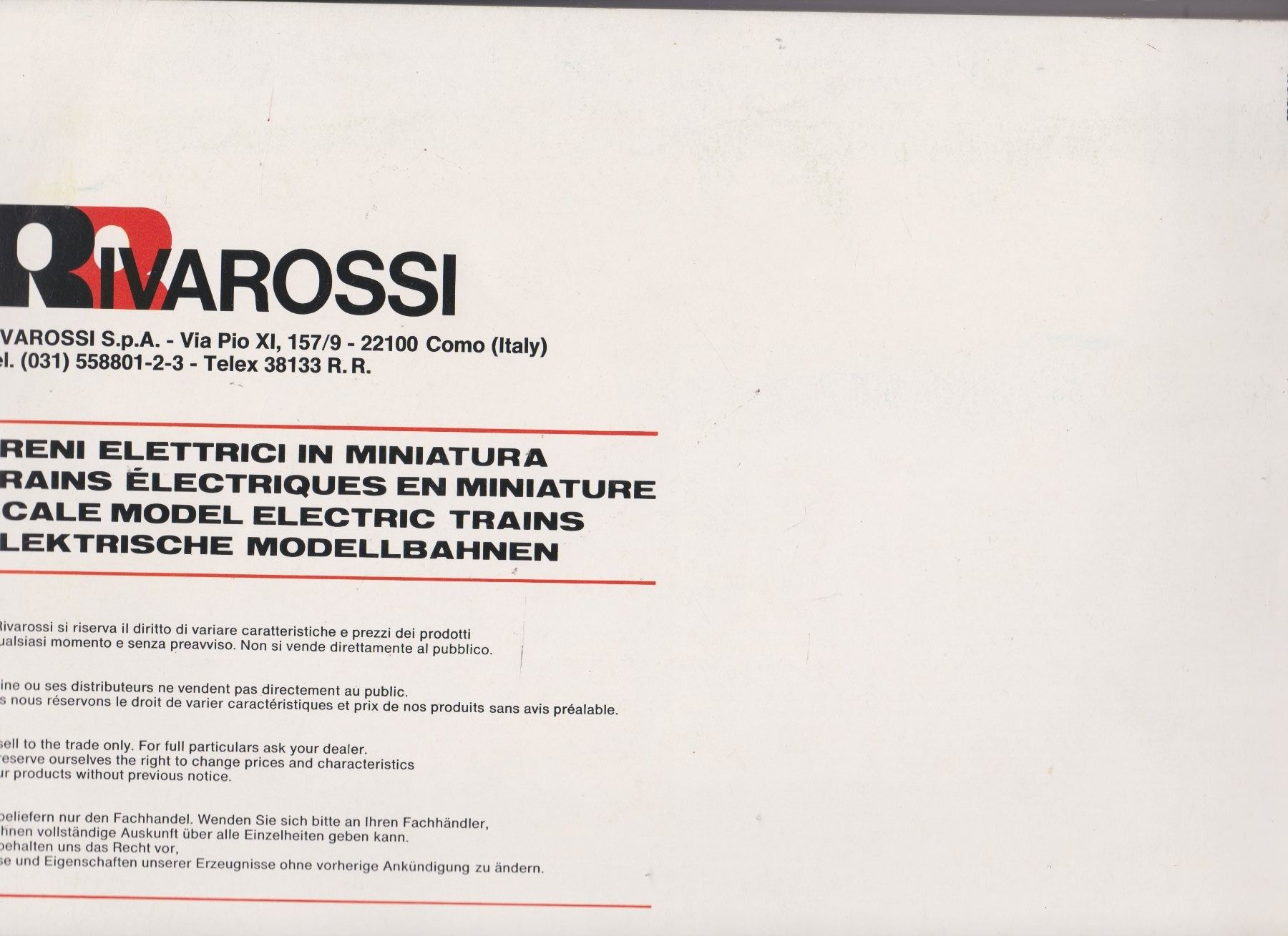 Documenti: Catalogue / prospectus modélisme Rivarossi  1977/1978 – Usato da Bex venduto da Canouille 1