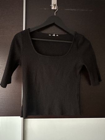 Damen Rippshirt schwarz Kurzarm eckiger Ausschnitt neu