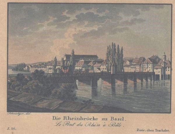 Stiche: Basel Rheinbr. altkolorierte Aquatinta – Gebraucht aus Rafz von Helvet32