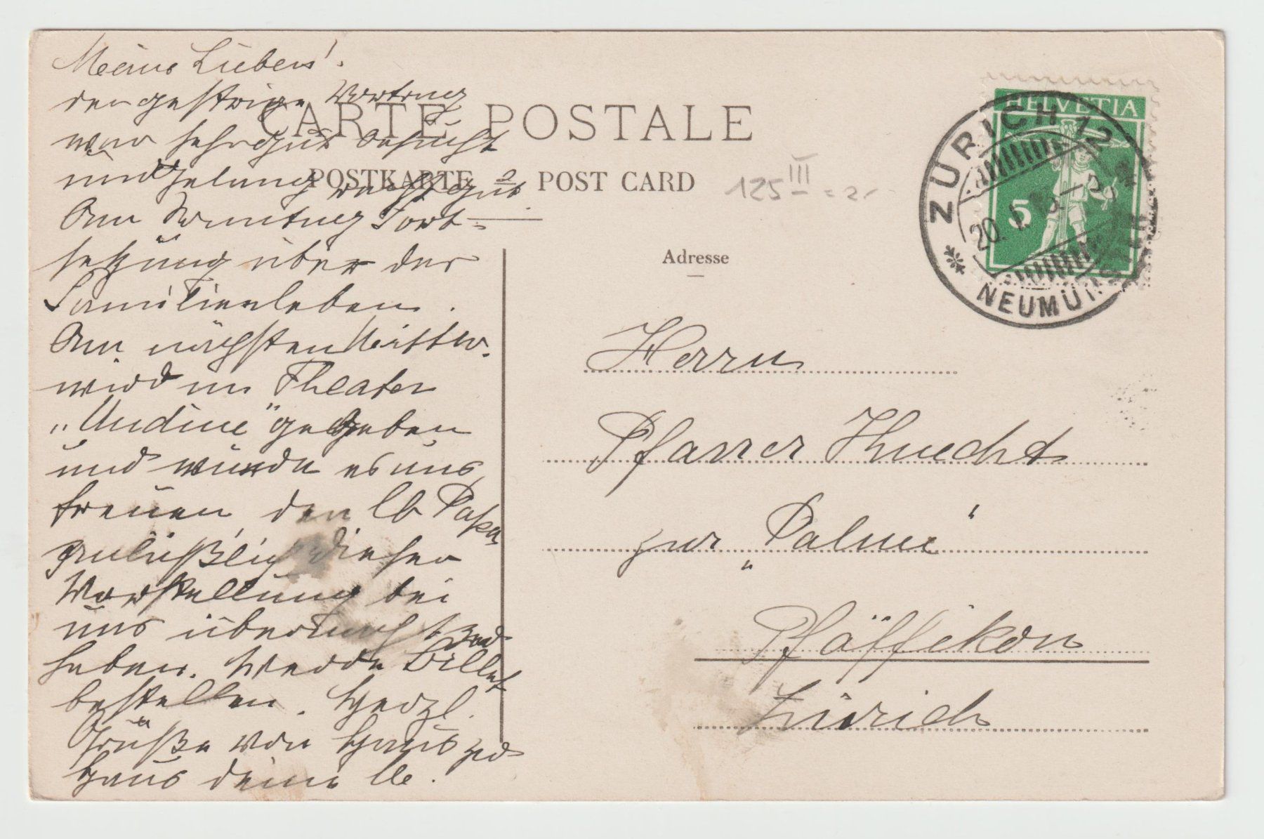 Cartoline postali: Ansichtskarte Zürich Post u. Stadthaus  ***  1913 – Usato da Oensingen venduto da Stro11 1