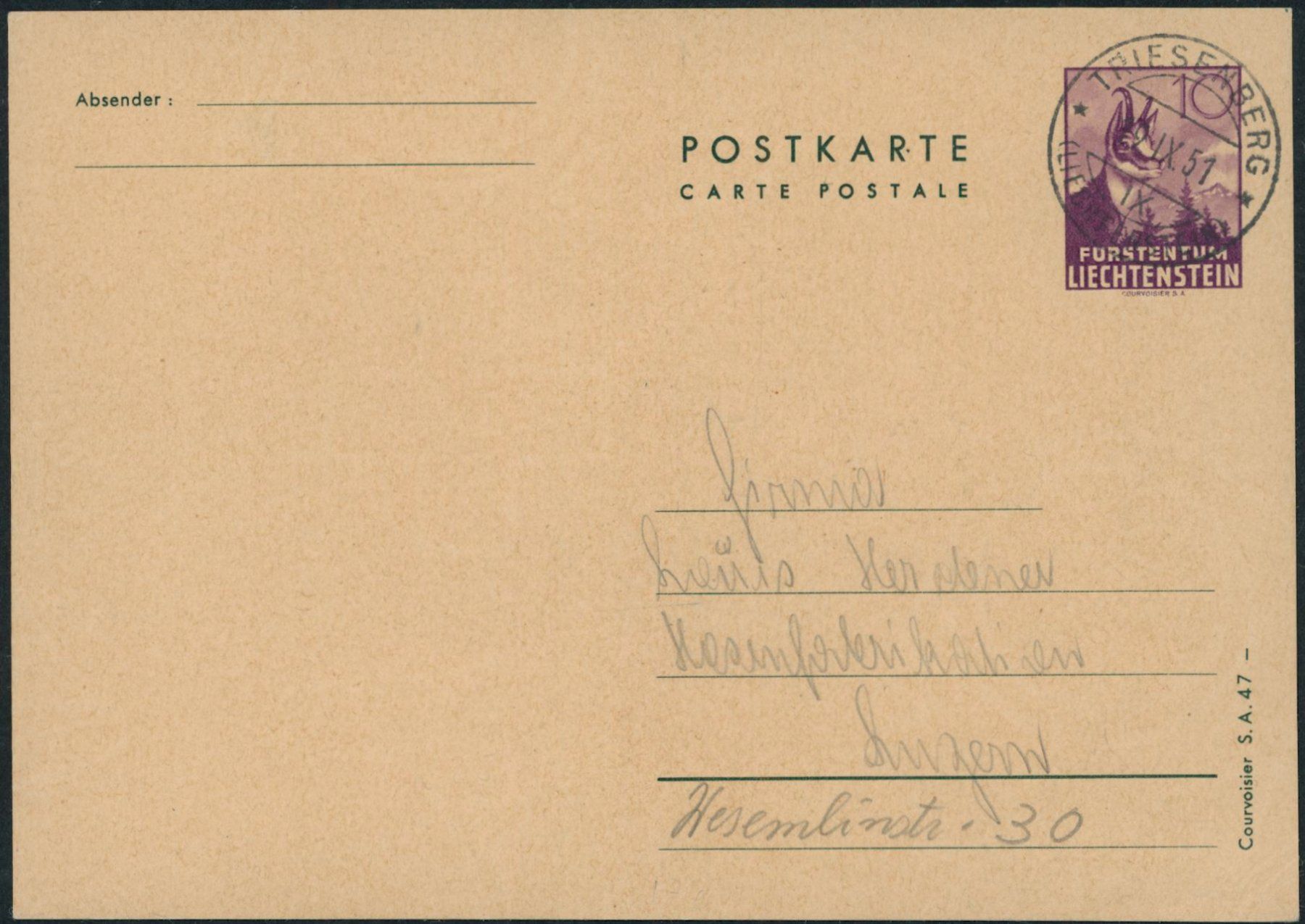 Tutti i francobolli: FL - Ganzsache - 1947 - Postkarte - Triesenberg – Usato da Schindellegi venduto da leecollect