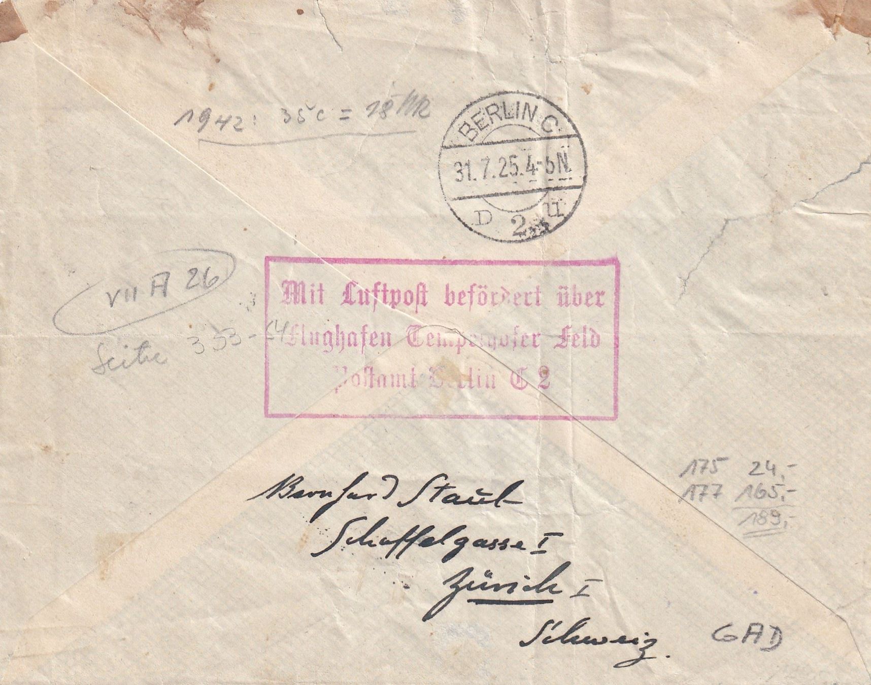 Tutti i francobolli: Luftpost Zürich - Berlin 1925 – Usato da Baar venduto da Asmara111 1