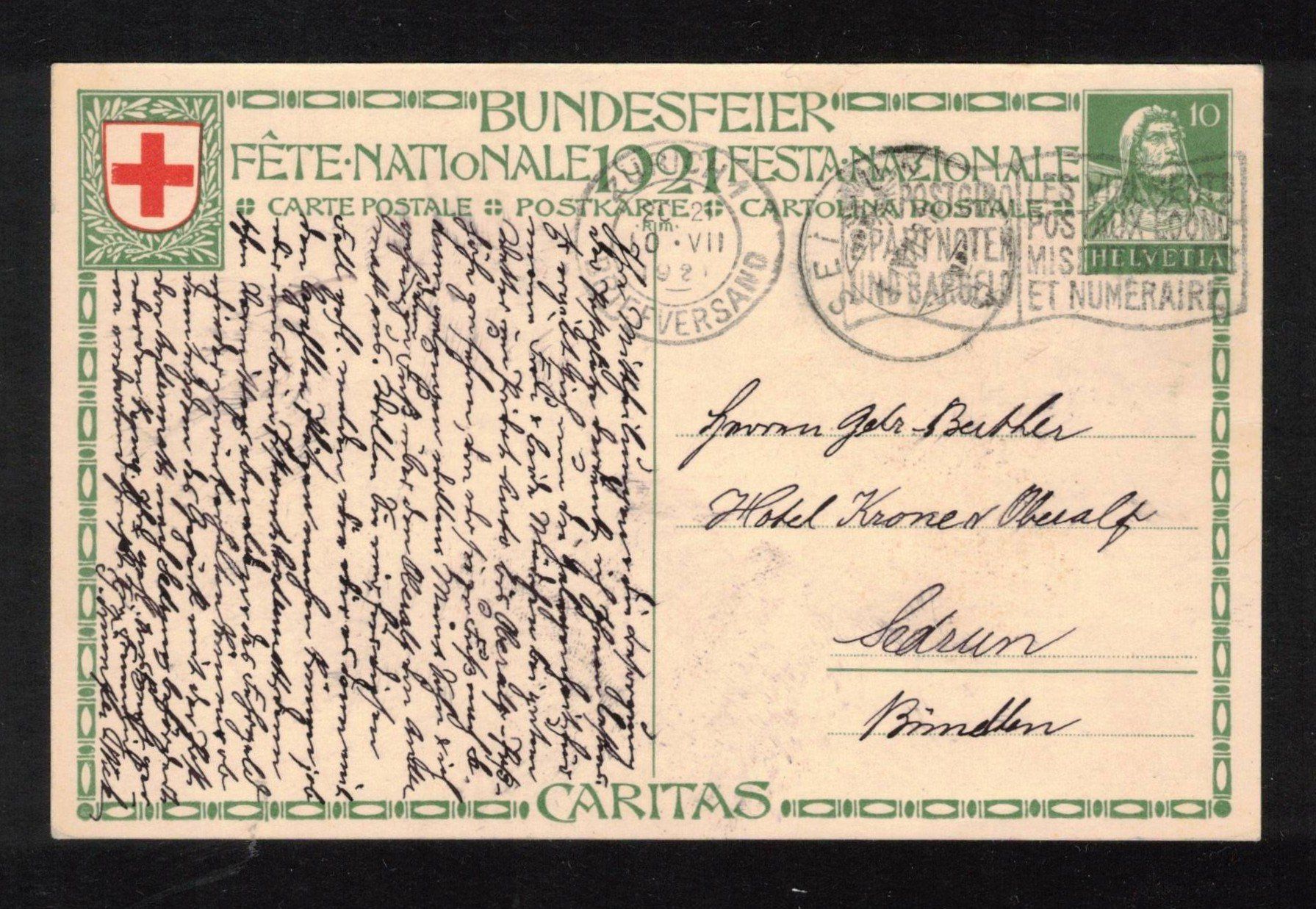Tutti i francobolli: Postkarte Bundesfeier nach Sedrun – Usato da Rheinau venduto da loxis