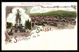Lithographie St. Gallen, Totalansicht und Monumentalbrunnen