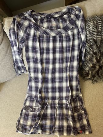 Damen Kleid kariert lila weiss mit Taschen Grösse S