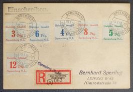 Lokalausgabe SPREMBERG 1945: Marken 3–12 Pf. auf R-Karte