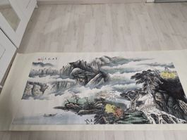 90er Vintage chinesische große handgemalte auf Papier Seide