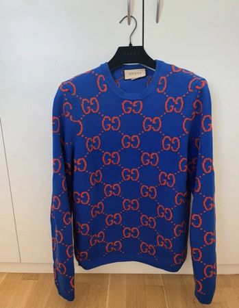 GG Monogram 100% Wool Sweater, Size S- Blue/Red.