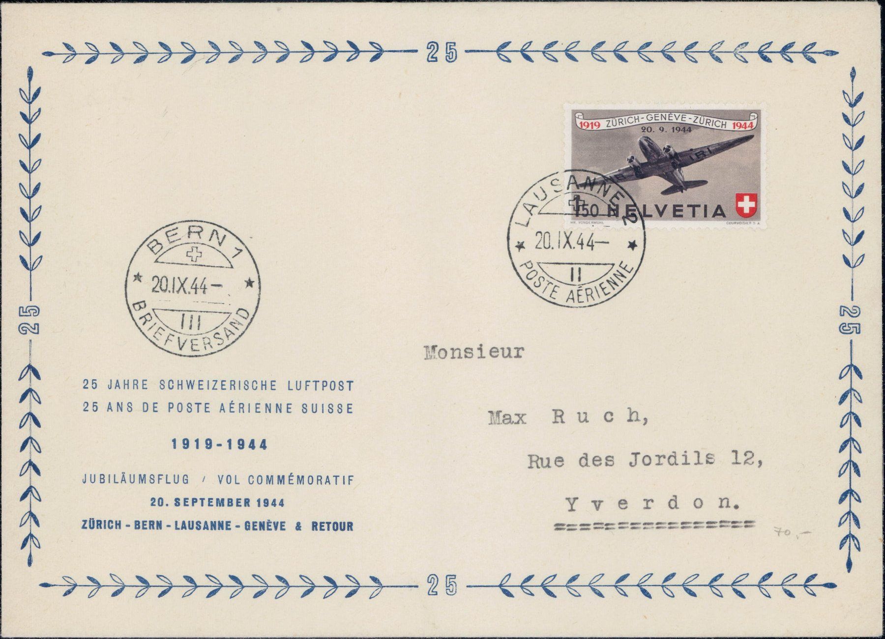 Tutti i francobolli: Flugpost 1944, total 12 Etappen, 480.- – Usato da Horw venduto da pilatusmail 3