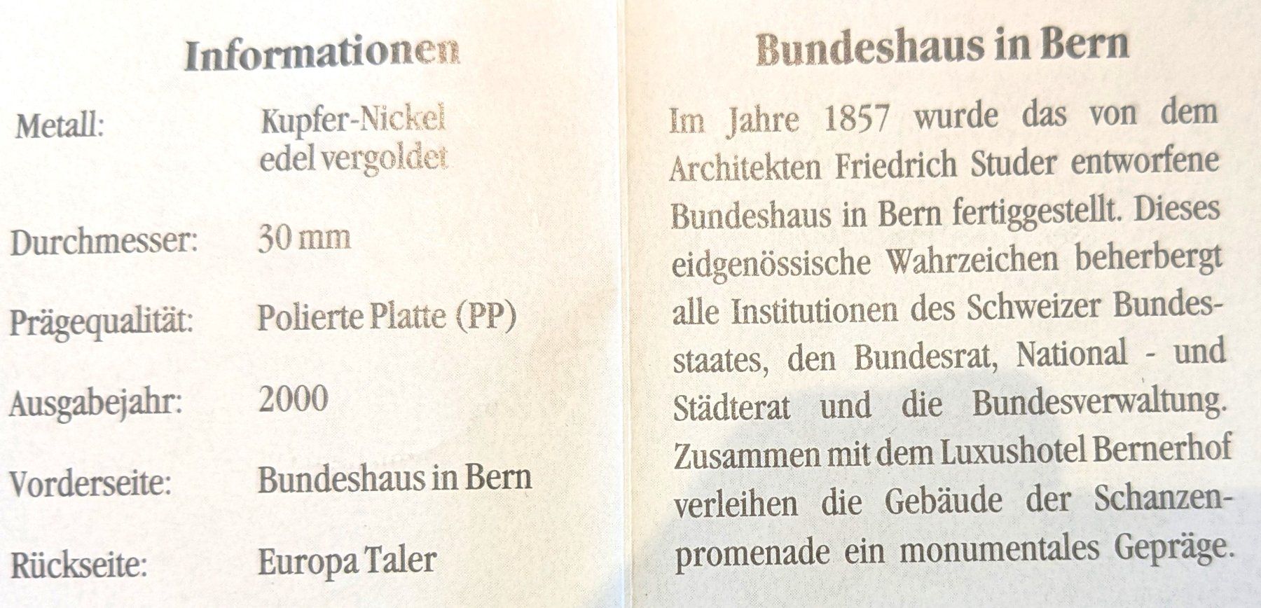 Tutti le monete: Europataler 10 Bundeshaus – Nuovo e nell'imballaggio originale da Giffers venduto da agu25 3
