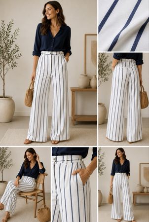 Pantalon large blanc a rayures bleu marine – Taille 38 Neuf