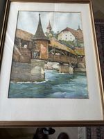 Aquarelle pont en bois signé Marc, encadré 40x30cm.