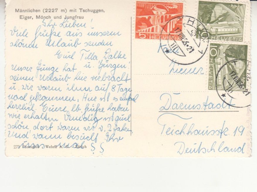 Ansichtskarten: Männlichen 1956, coloriert – Gebraucht aus Bürglen TG von StampGraf 1